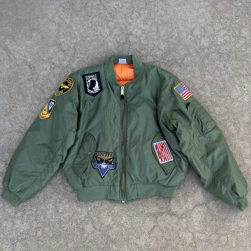 VTG‎ MA-1 Flight Bomber Trooper Jacket USA Navy Blue Angels POW MIA Patch Size S
